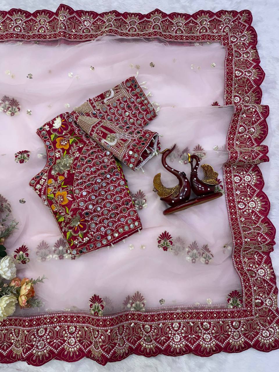 Butterfly Net Sequins Multi Thread Embroidery Mirror Work Saree