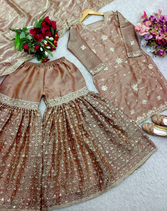 Pich Color Pure Zimmy Chu Silk Embroidery Work Top Sharara