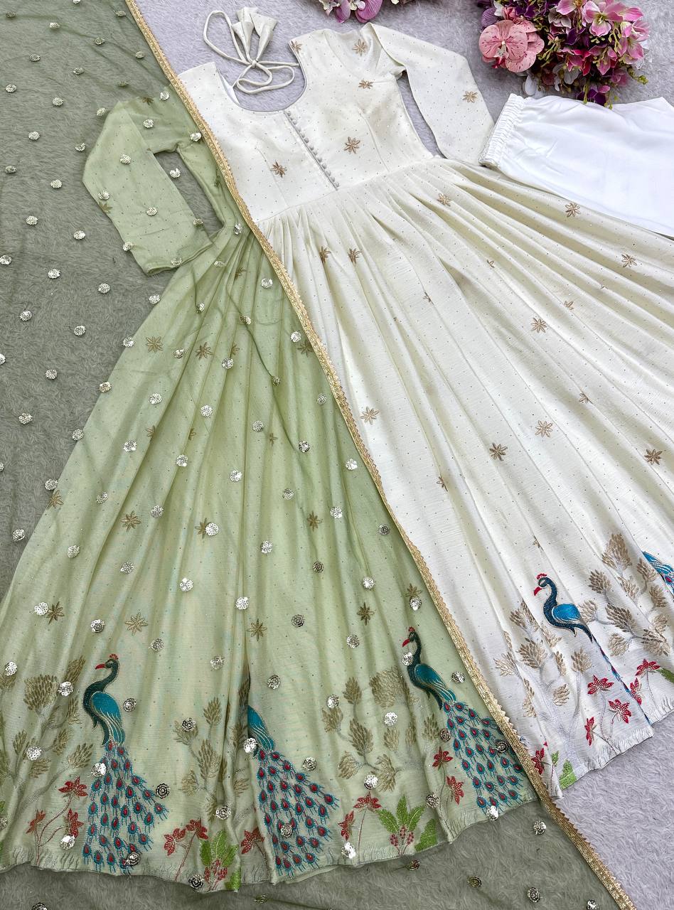White Color  Pure Dola Silk Embroidery Work Gown