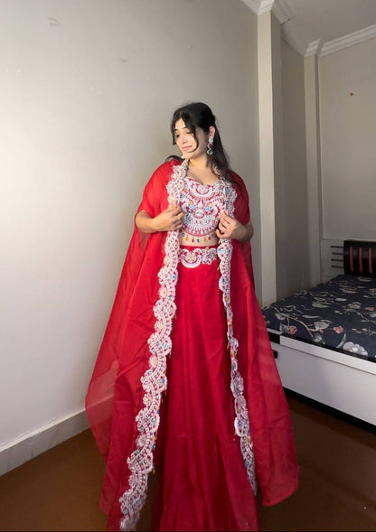 Georgette Sequence Embroidery Work And Full Stitched Shrug Draped