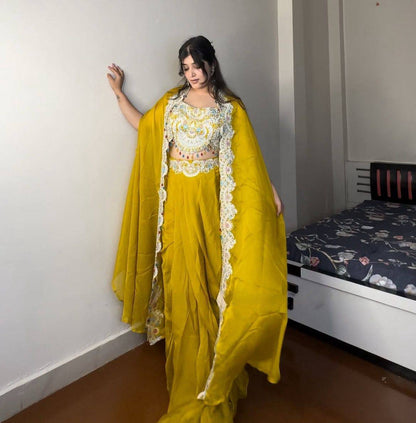 Georgette Sequence Embroidery Work And Full Stitched Shrug Draped