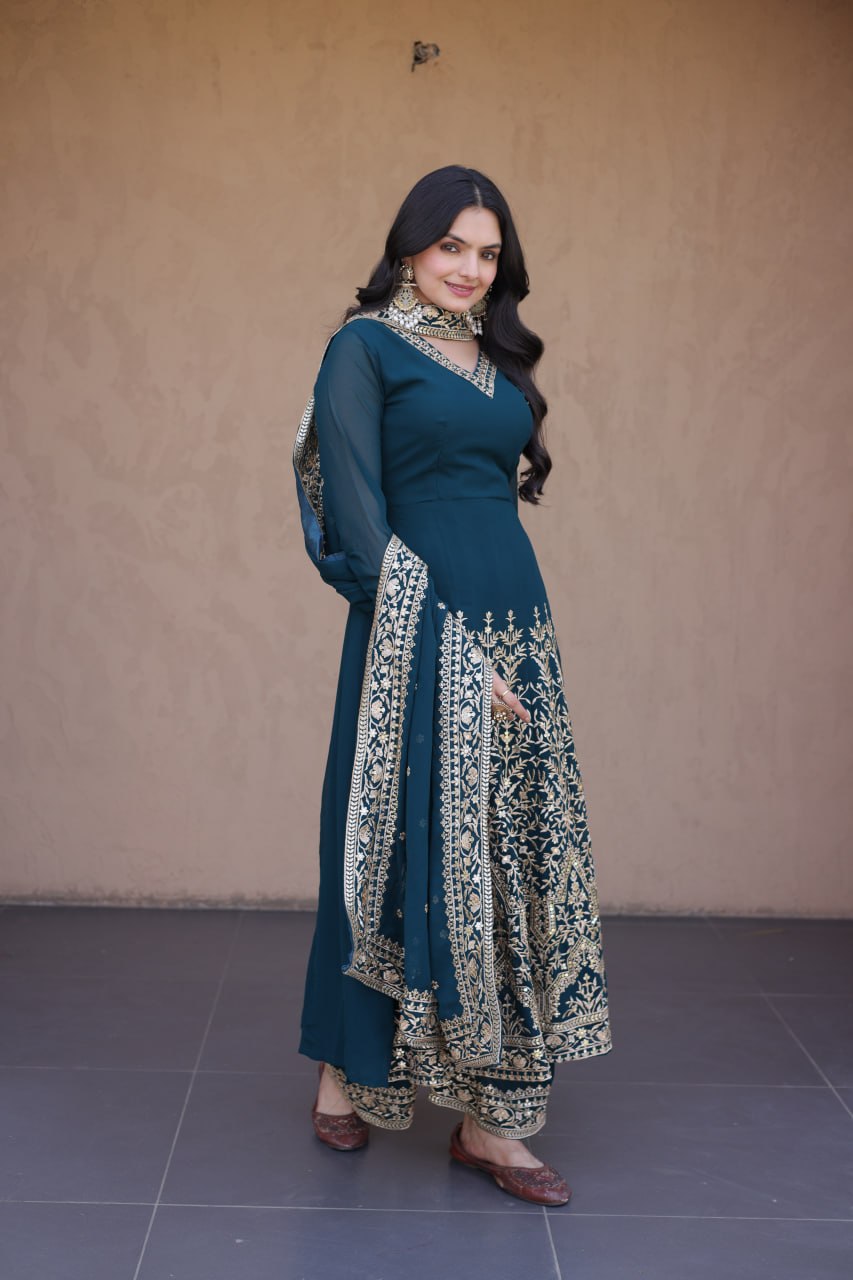 Beautifull Faux Blooming With Multi Sequience Work Gown