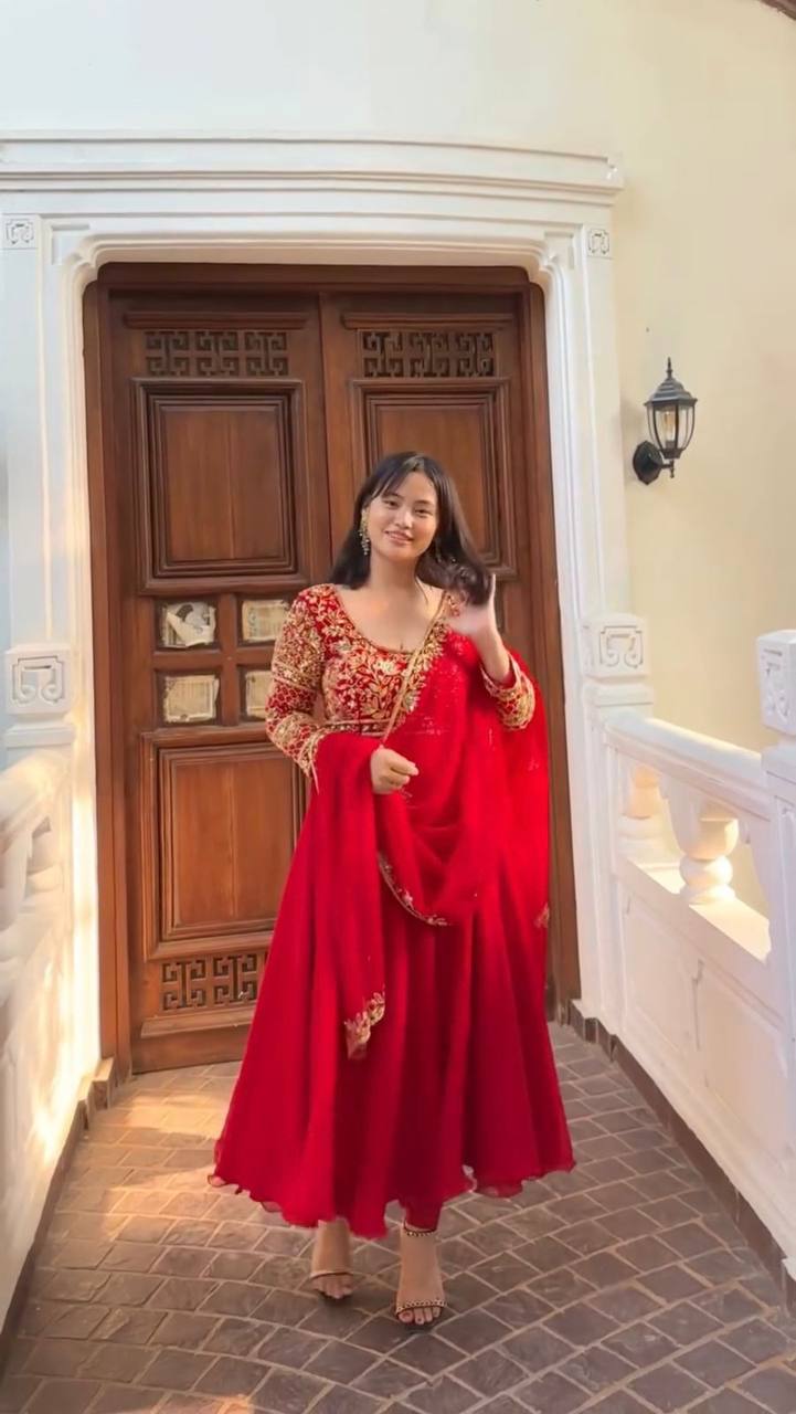 Red Color Georgette Sequience Embroidey Work Top Plazzo