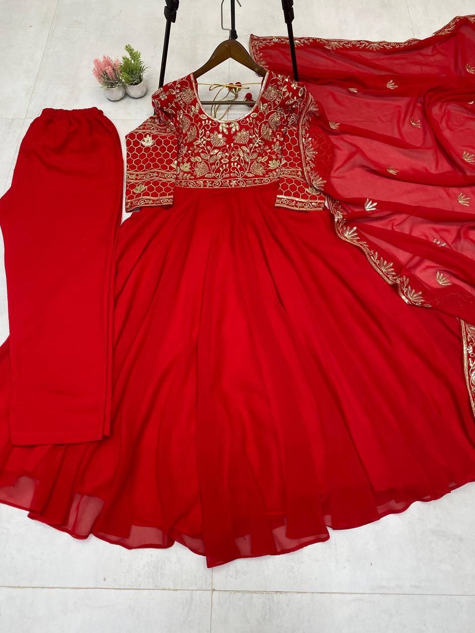 Red Color Georgette Sequience Embroidey Work Top Plazzo