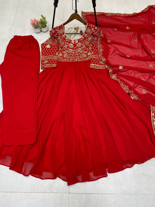 Red Color Georgette Sequience Embroidey Work Top Plazzo