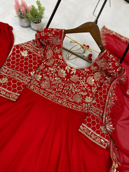 Red Color Georgette Sequience Embroidey Work Top Plazzo