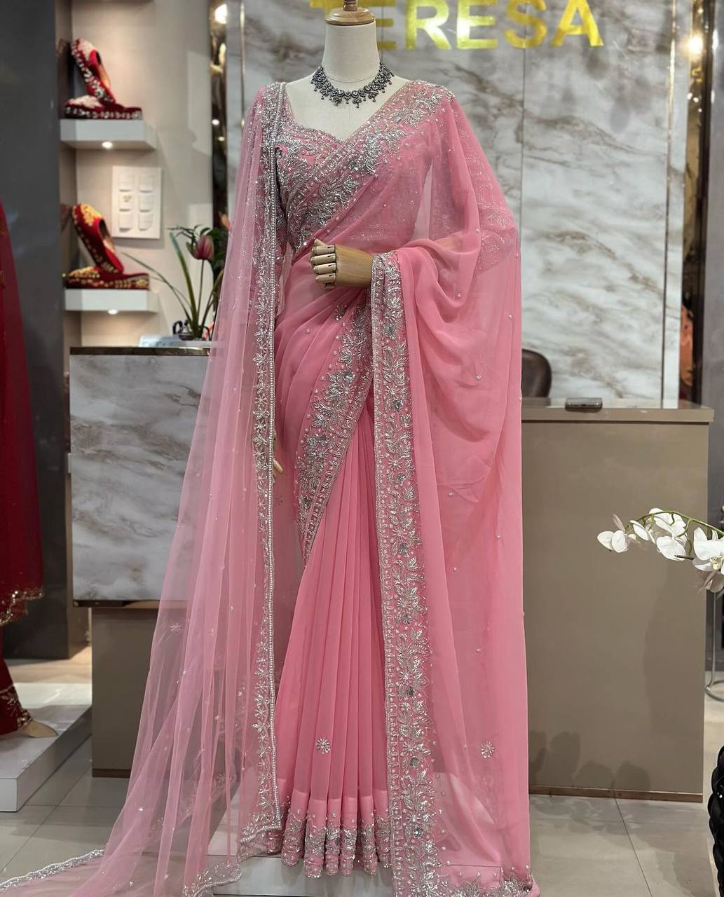 Pink Color Faux Georgette Thread With Sequience Work Saree