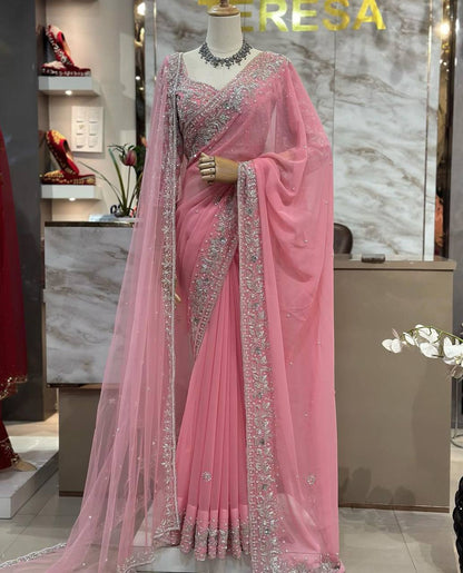 Pink Color Faux Georgette Thread With Sequience Work Saree