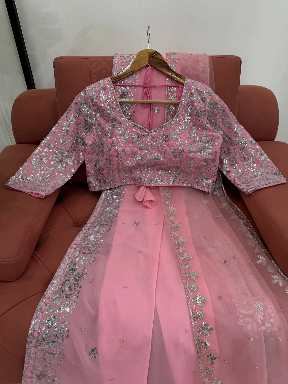 Pink Color Faux Georgette Thread With Sequience Work Saree