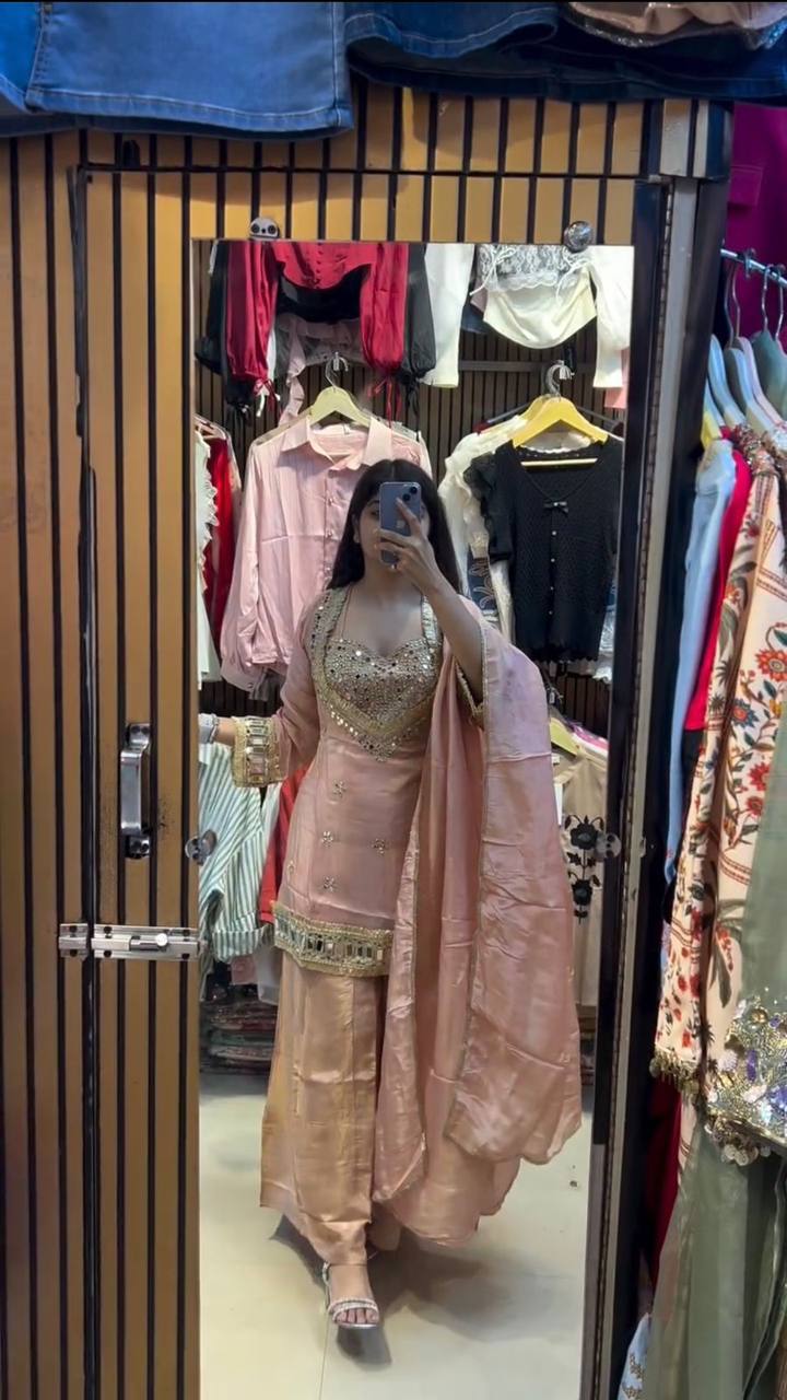 Beautifull Cosmos With Real Mirror Embroidery Work Top Plazzo For Wedding