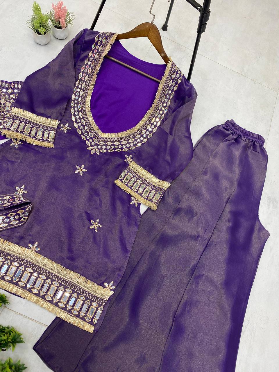 Beautifull Cosmos With Real Mirror Embroidery Work Top Plazzo For Wedding