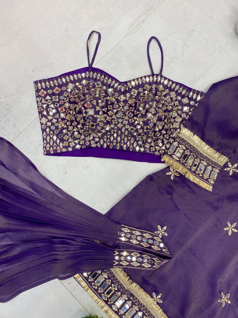 Beautifull Cosmos With Real Mirror Embroidery Work Top Plazzo For Wedding