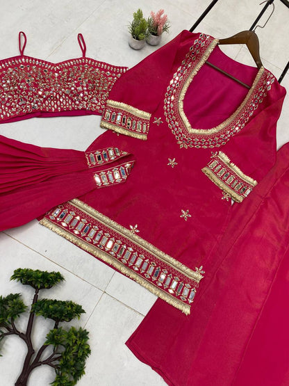 Beautifull Cosmos With Real Mirror Embroidery Work Top Plazzo For Wedding