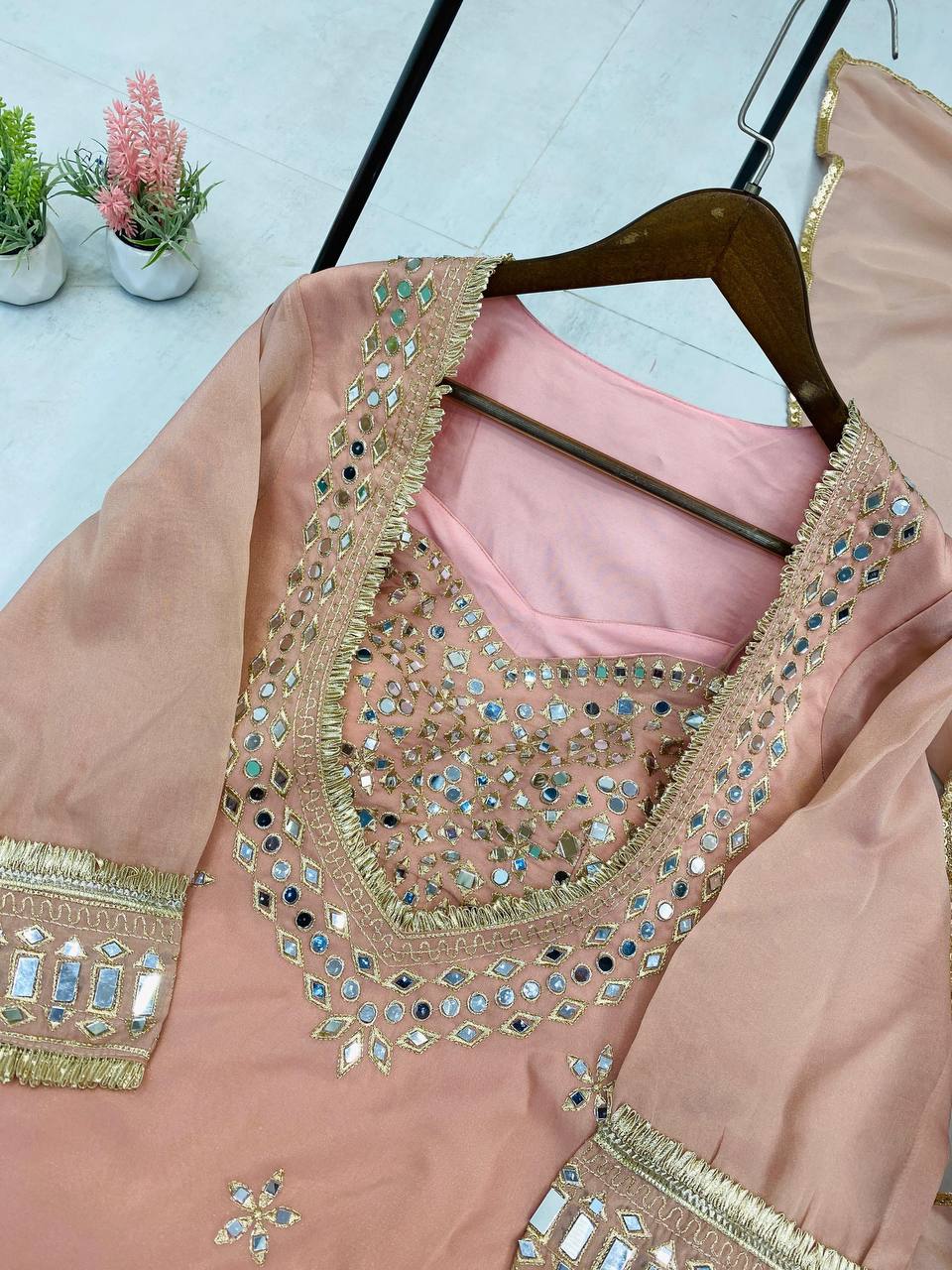 Beautifull Cosmos With Real Mirror Embroidery Work Top Plazzo For Wedding