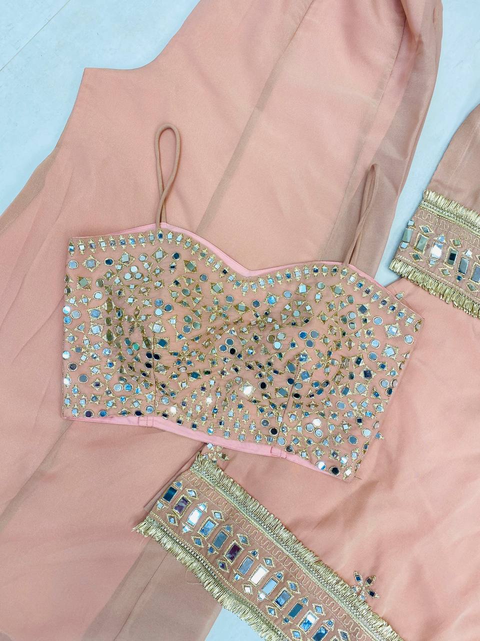 Beautifull Cosmos With Real Mirror Embroidery Work Top Plazzo For Wedding