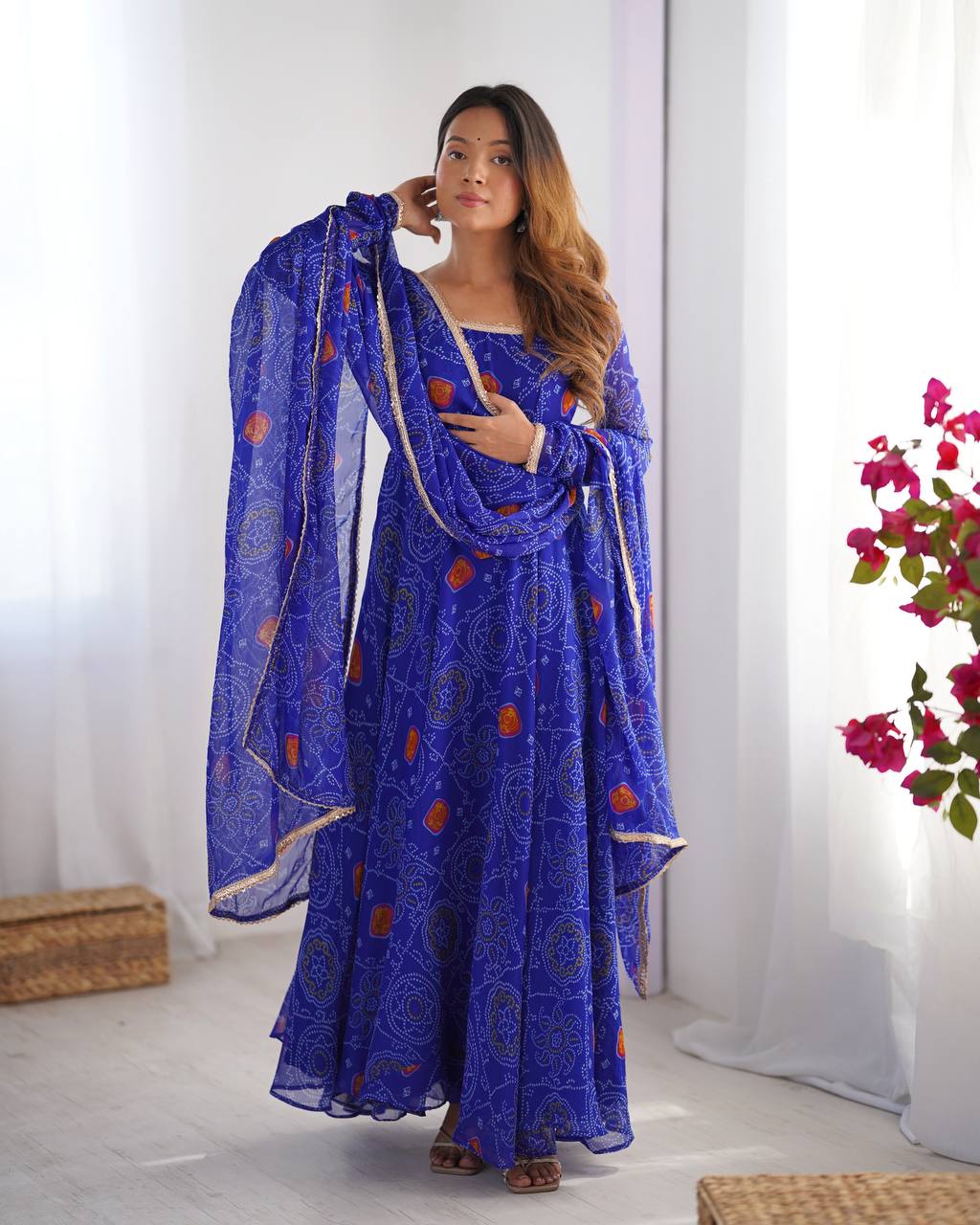 New Trending 8 MTR Pure Chiffon Bandhej Printed Anarkali Gown