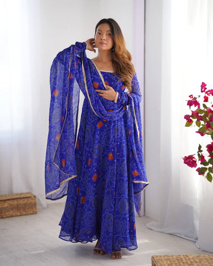 New Trending 8 MTR Pure Chiffon Bandhej Printed Anarkali Gown