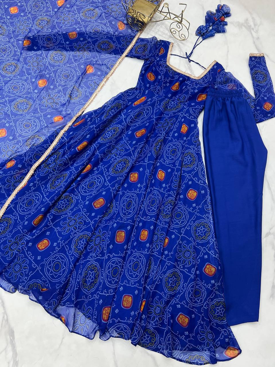New Trending 8 MTR Pure Chiffon Bandhej Printed Anarkali Gown
