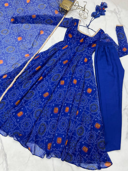 New Trending 8 MTR Pure Chiffon Bandhej Printed Anarkali Gown