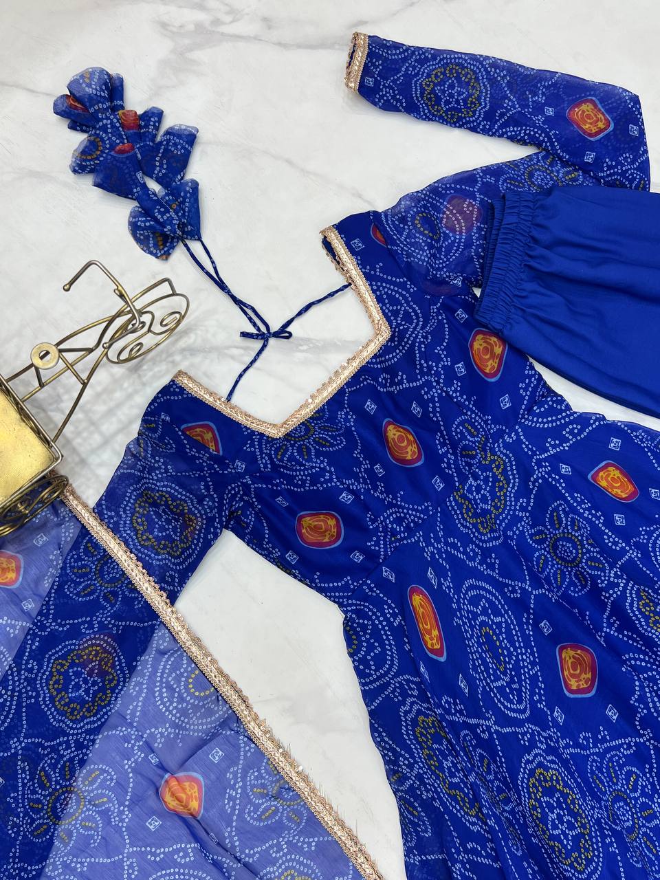 New Trending 8 MTR Pure Chiffon Bandhej Printed Anarkali Gown