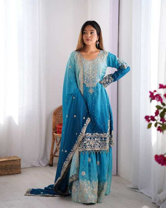 Eid Special With Coding Dori With Sequence Work And Chinnon Silk Rivet Moti Work Suit