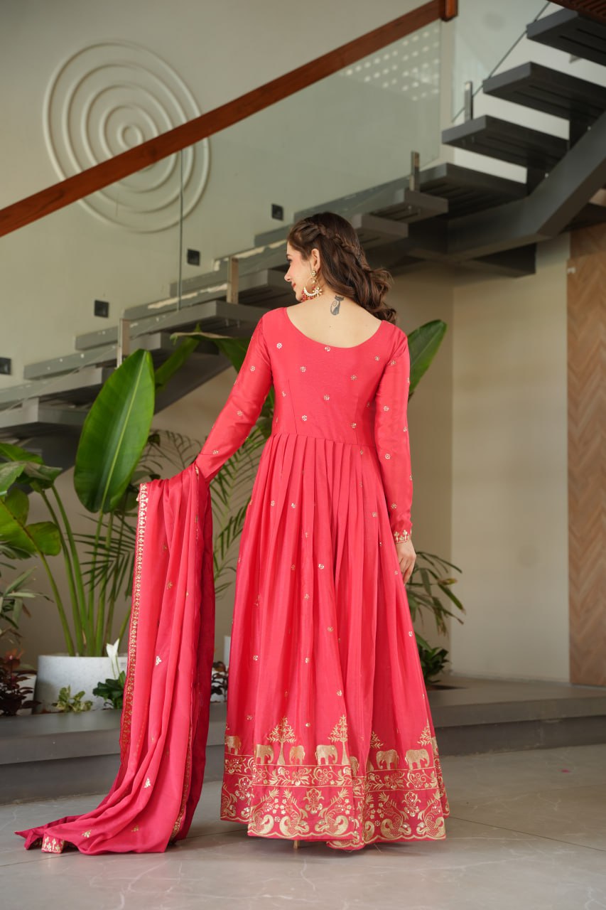 Red Color Embroidery Zari Work Gown