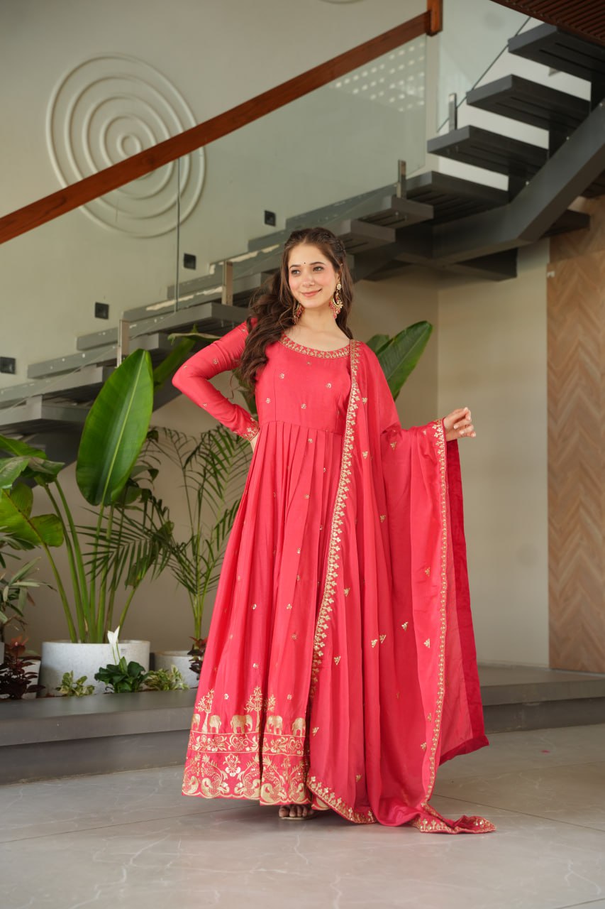 Red Color Embroidery Zari Work Gown