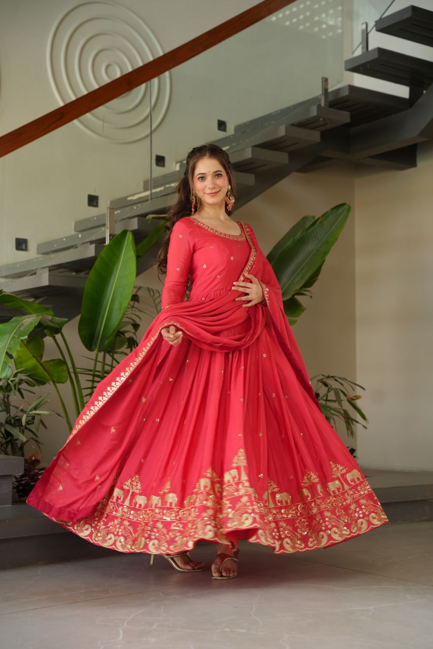 Red Color Embroidery Zari Work Gown