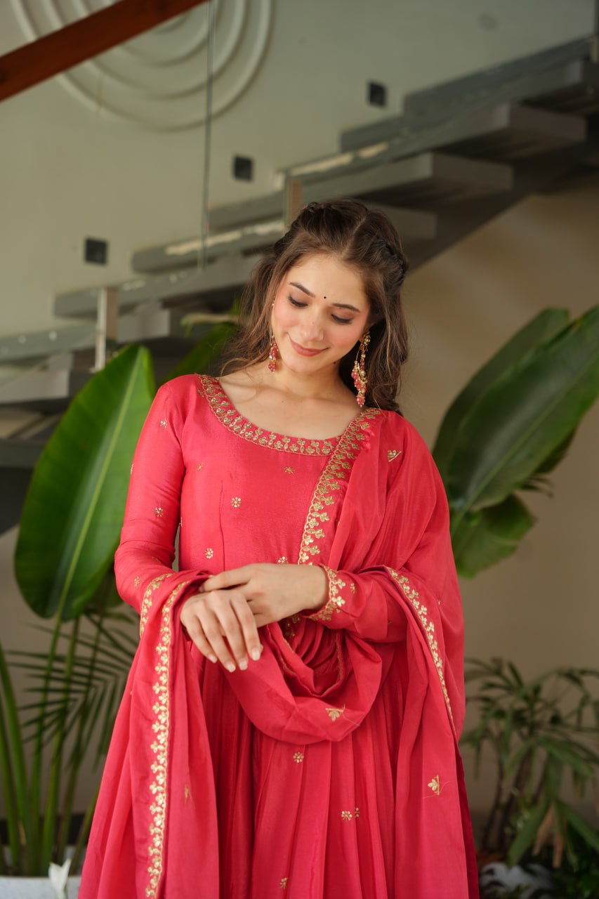 Red Color Embroidery Zari Work Gown