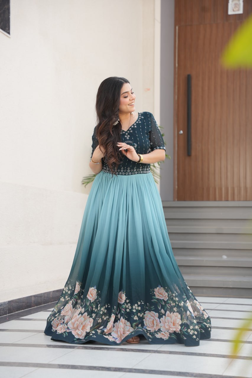 DRESS BAZZAR FAUX BLOOMING BEADS EMBROIDERED GOWN