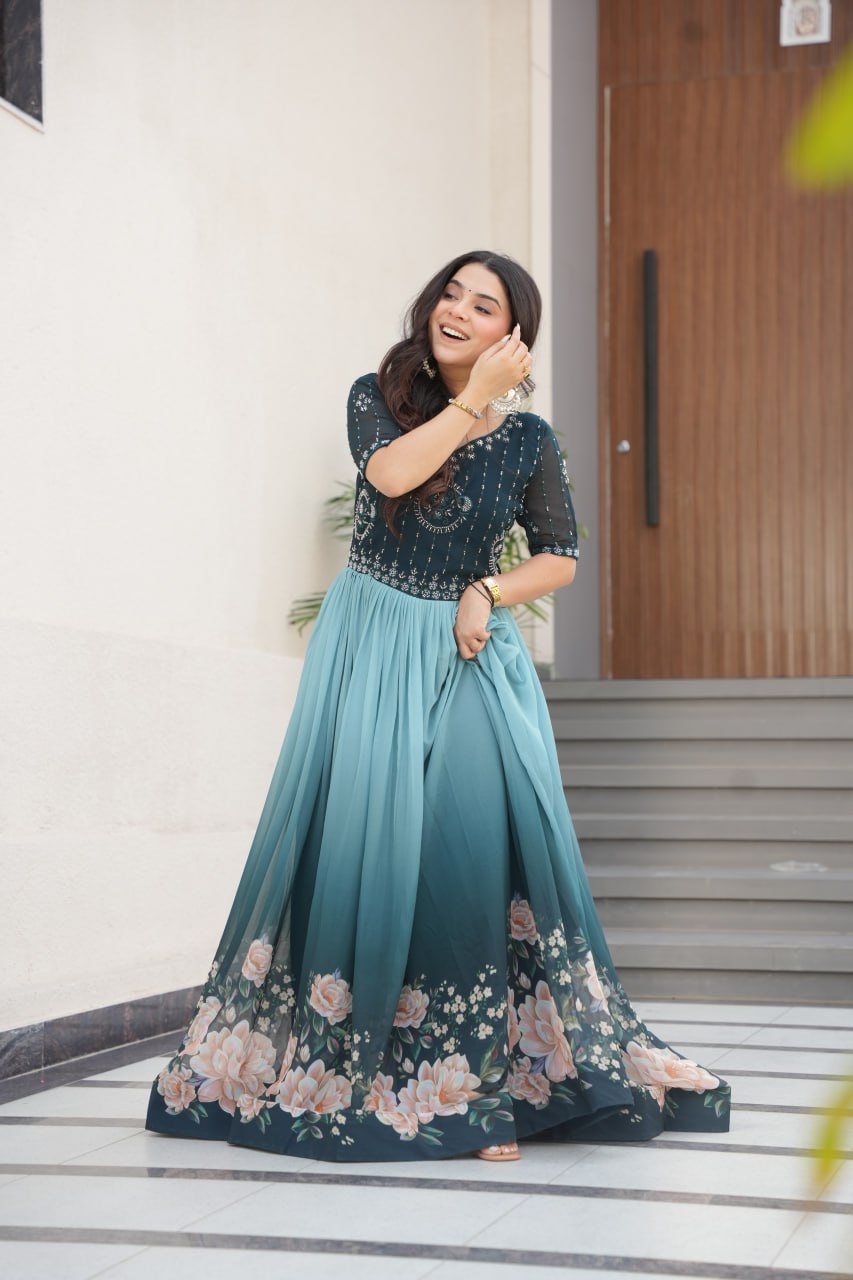 DRESS BAZZAR FAUX BLOOMING BEADS EMBROIDERED GOWN