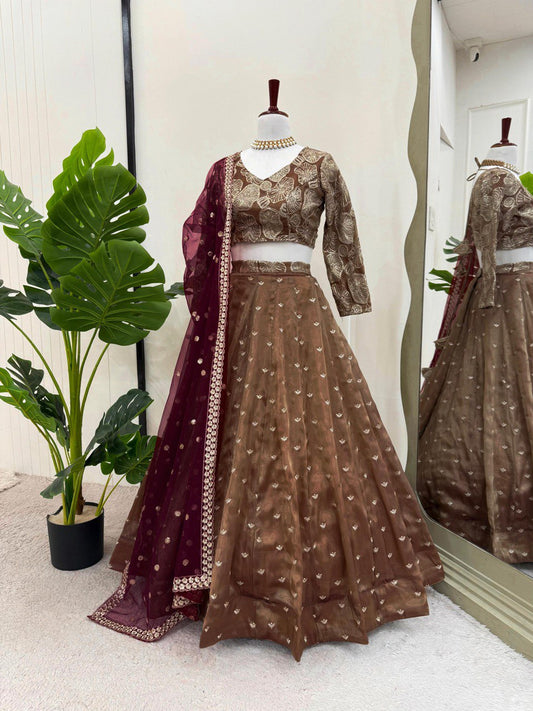Jimmy Chhu Brown Color Bridal Lehenga Choli
