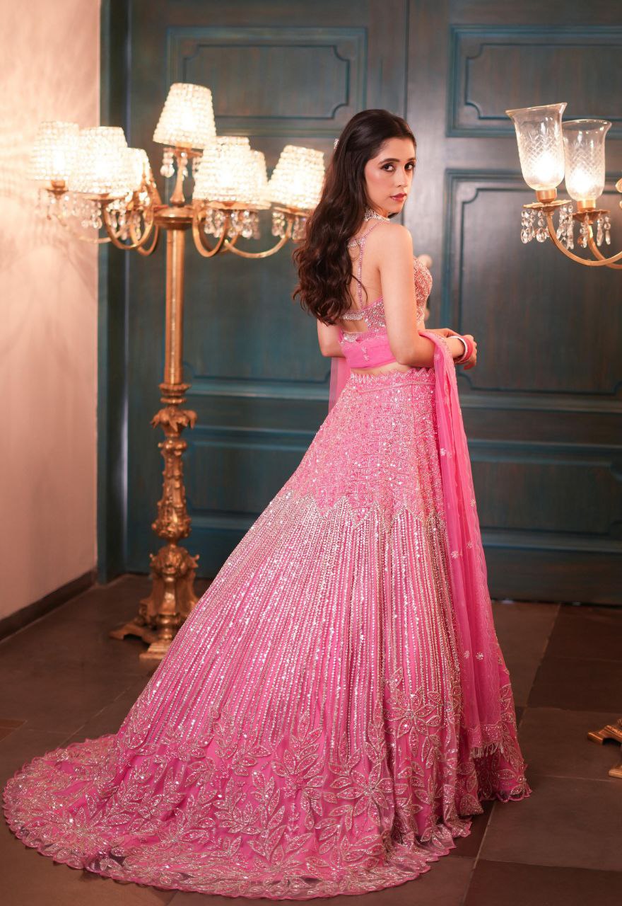 Pink Color Premium Net With Embroiderty Work Lehenga