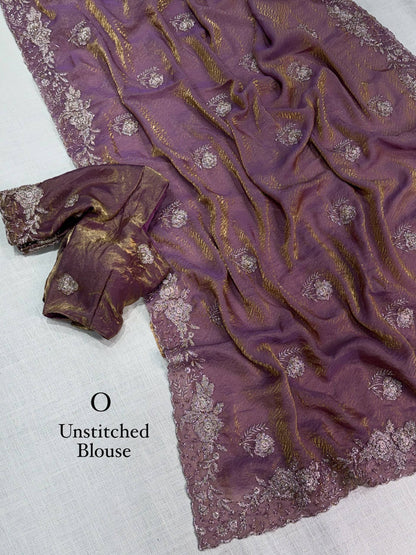 Fendy Satin Jacquard Sequins Beads Zari Embroidery Work Saree