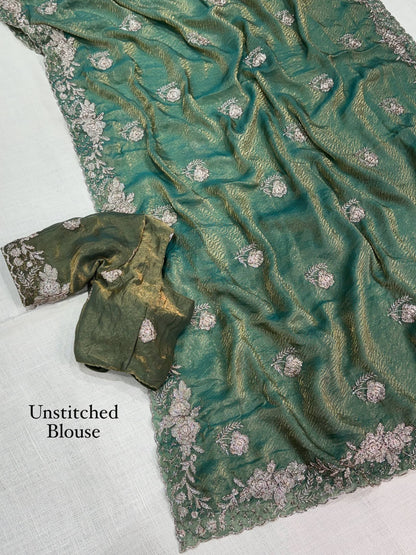 Fendy Satin Jacquard Sequins Beads Zari Embroidery Work Saree