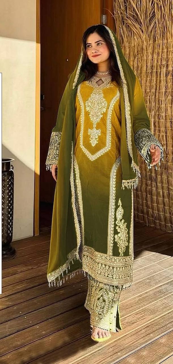Dual Tone Peding Chinon Silk Embroidery Coding Work Top Pent