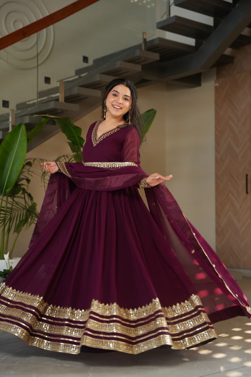 Faux Blooming Embridery Zari Work With Full Sleeve Gown