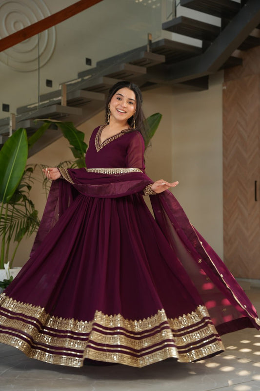Faux Blooming Embridery Zari Work With Full Sleeve Gown