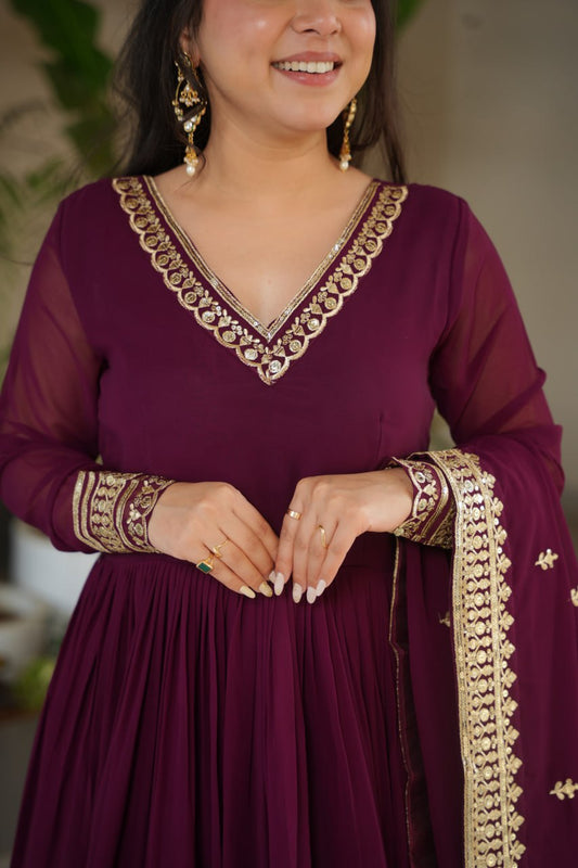 Faux Blooming Embridery Zari Work With Full Sleeve Gown