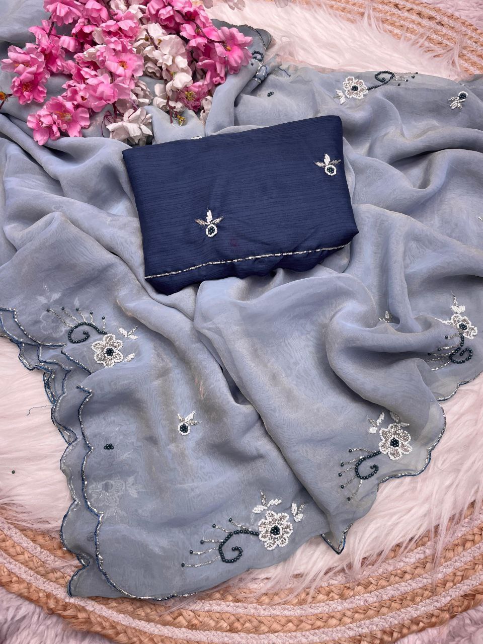 WOMEN'S WEAR CHIFFORN HANDWORK PARTY WEAR SAREE