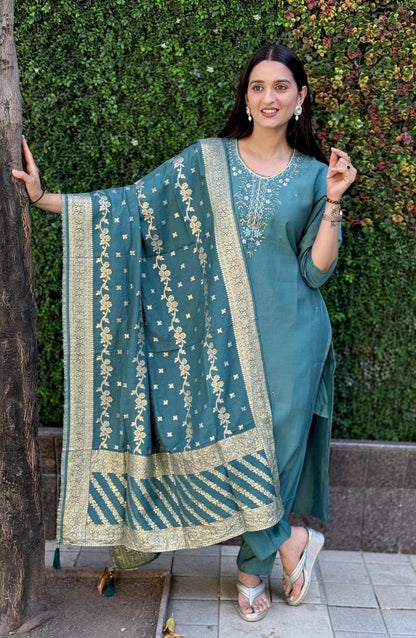 Sky Color Premium Roman Silk Hand Work Kurti