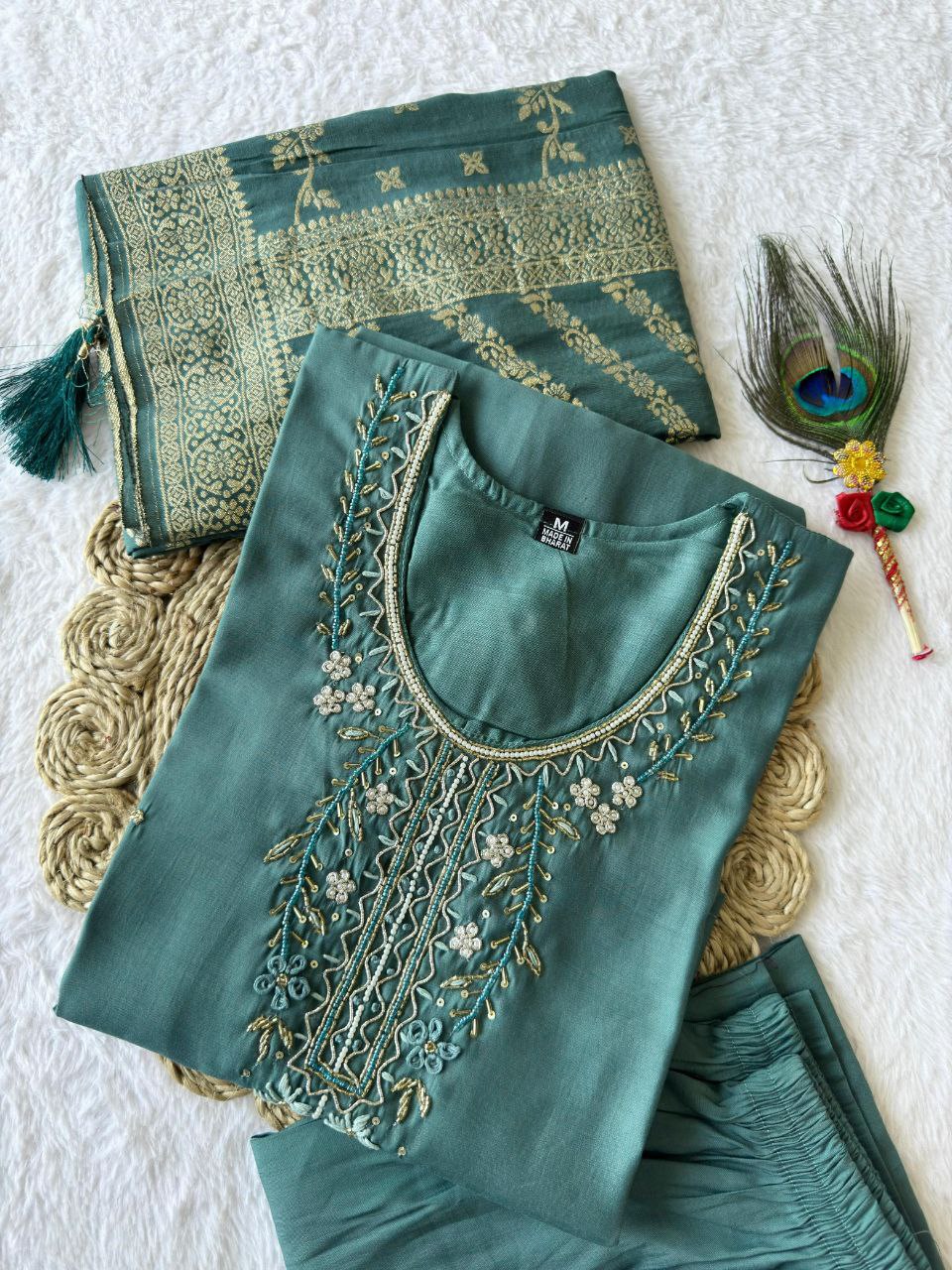 Sky Color Premium Roman Silk Hand Work Kurti