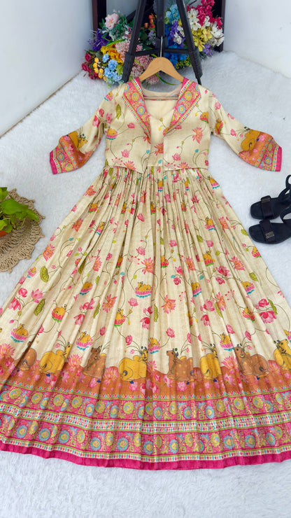Pure Viscose Soft Silk Gown with Jacquard Pashmina & Fancy Printed Koti