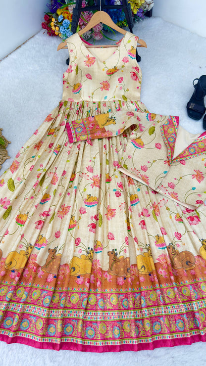 Pure Viscose Soft Silk Gown with Jacquard Pashmina & Fancy Printed Koti
