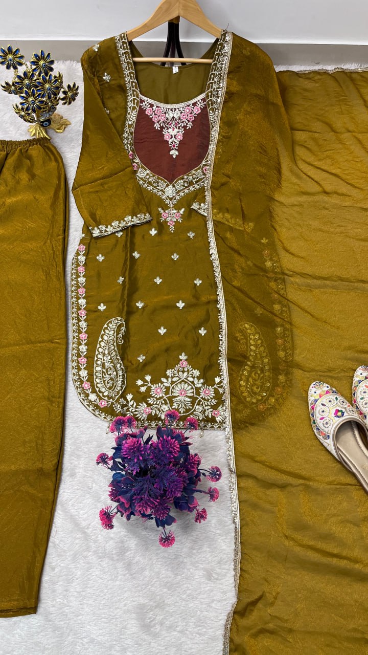 Beautifull NC Moss Fabric With Embroidery Work Top Plazzo