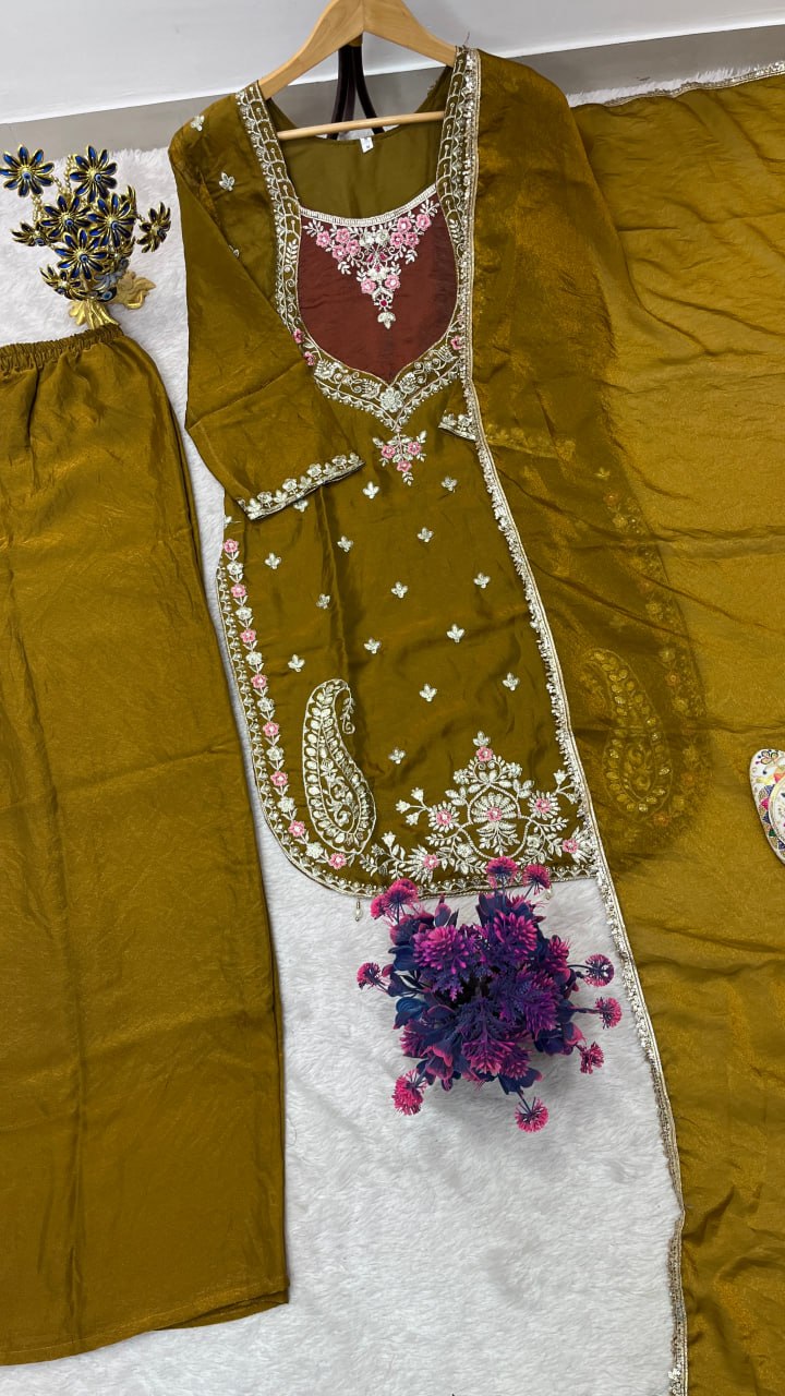 Beautifull NC Moss Fabric With Embroidery Work Top Plazzo
