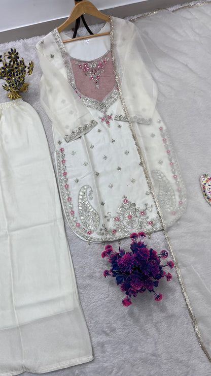 Beautifull NC Moss Fabric With Embroidery Work Top Plazzo