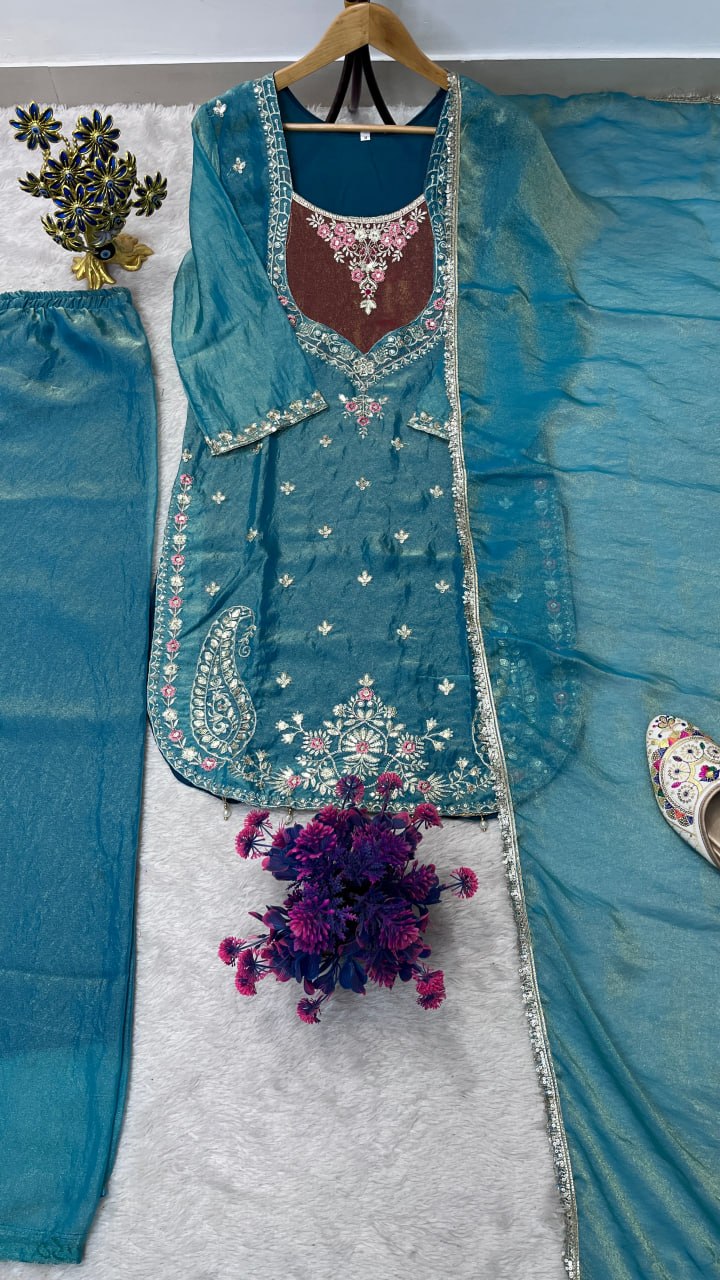 Beautifull NC Moss Fabric With Embroidery Work Top Plazzo