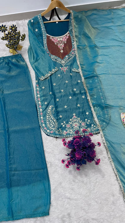 Beautifull NC Moss Fabric With Embroidery Work Top Plazzo