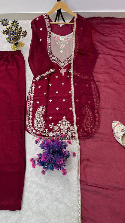 Beautifull NC Moss Fabric With Embroidery Work Top Plazzo